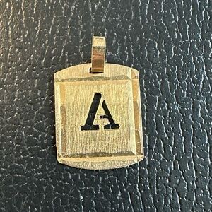 14k yellow gold satin finish, Letter Initial A cutout rectangular pendant.